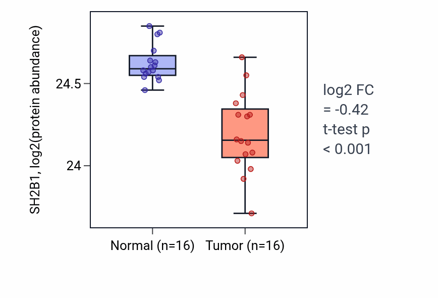 Tumor-vs-normal mass-spec protein box plot for SH2B1 in LUAD.