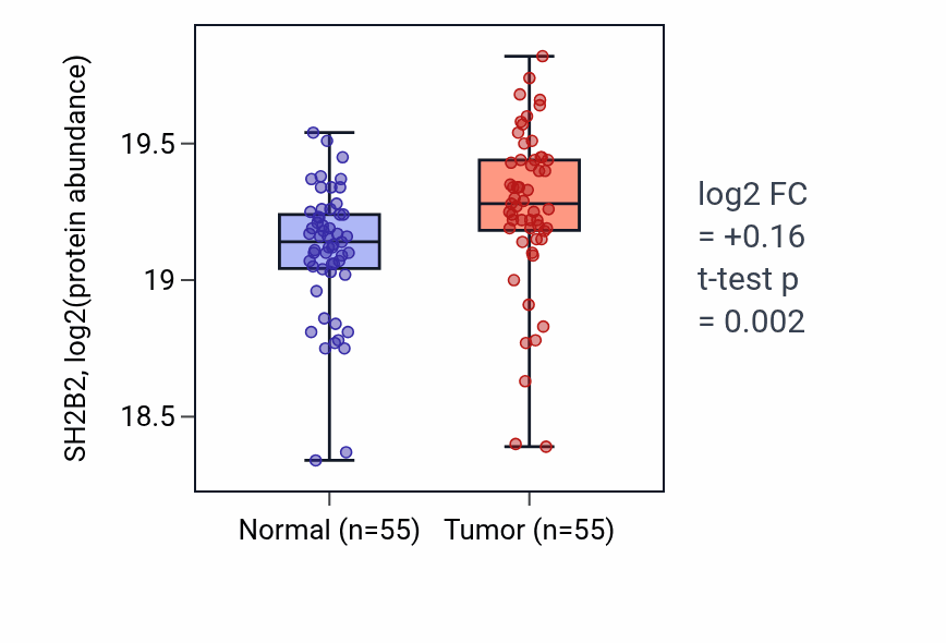 Tumor-vs-normal mass-spec protein box plot for SH2B2 in CCRCC.