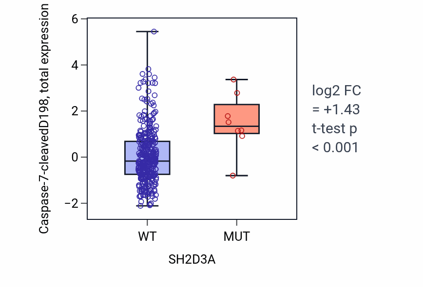 Box plot of Caspase-7-cleavedD198 in SH2D3A-low vs SH2D3A-high samples in COAD.