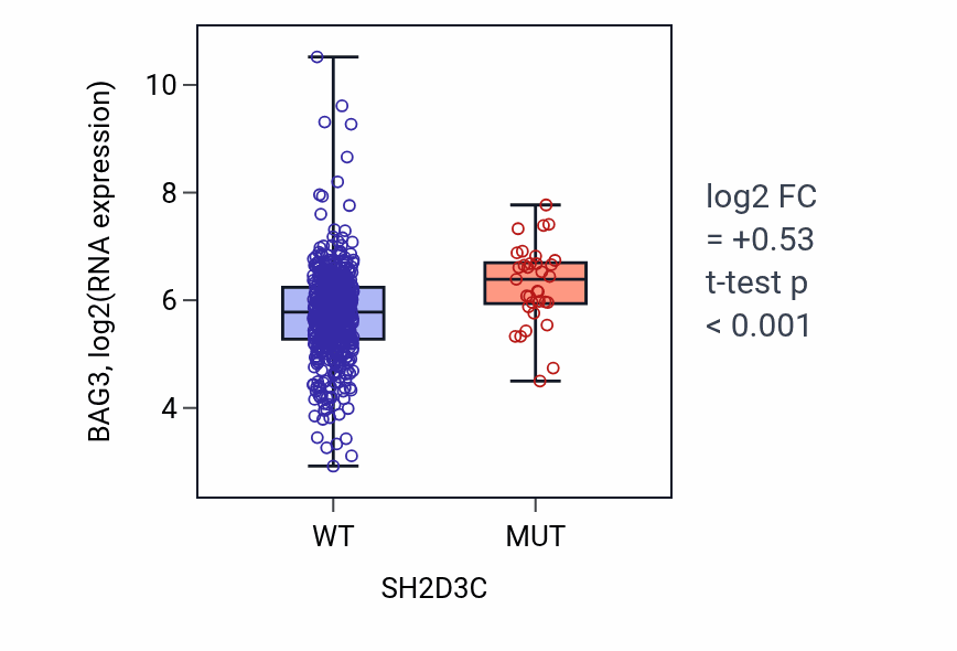 Box plot of BAG3 in SH2D3C-low vs SH2D3C-high samples in UCEC.