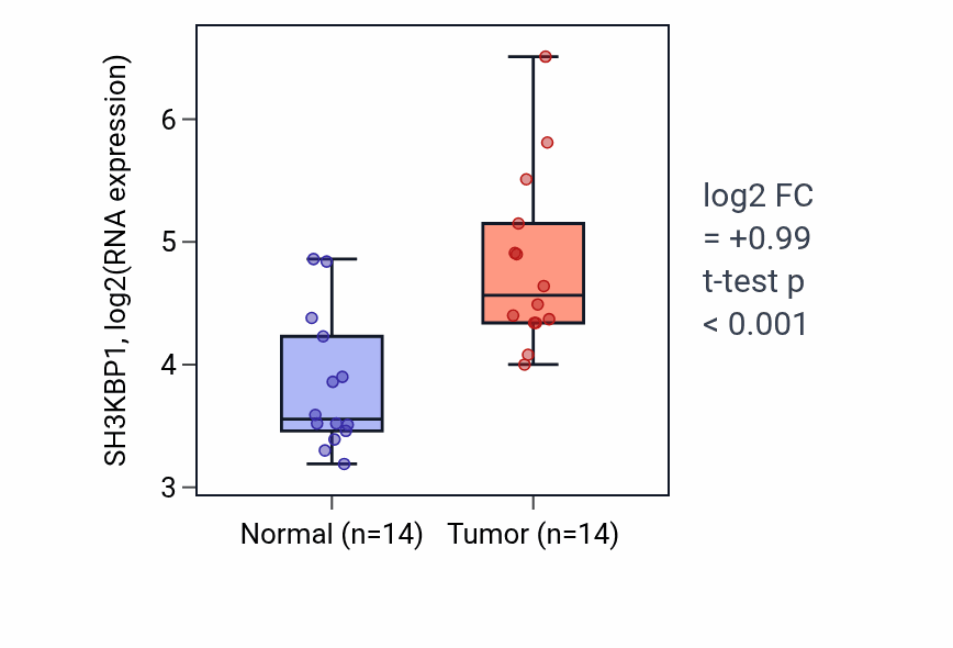 Tumor-vs-normal expression box plot for SH3KBP1 RNA in KIRC.