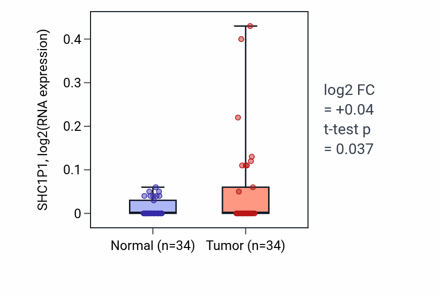 Tumor-vs-normal expression box plot for SHC1P1 in COAD.