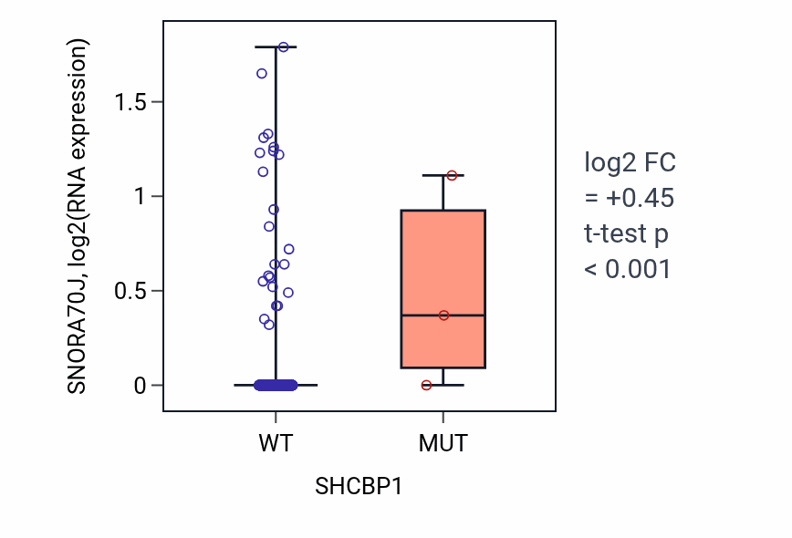 Box plot of SNORA70J in SHCBP1-low vs SHCBP1-high samples in LUAD.