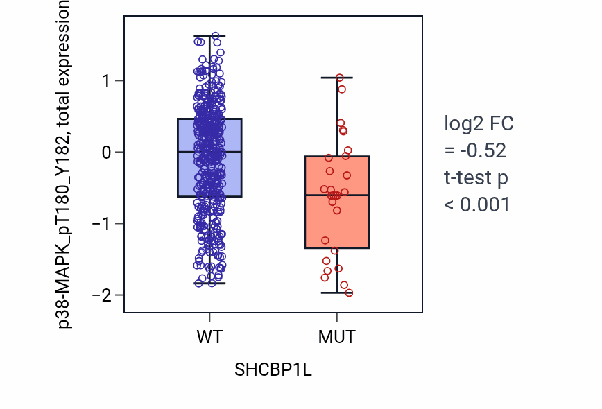 Box plot of p38-MAPK_pT180_Y182 in SHCBP1L-low vs SHCBP1L-high samples in UCEC.