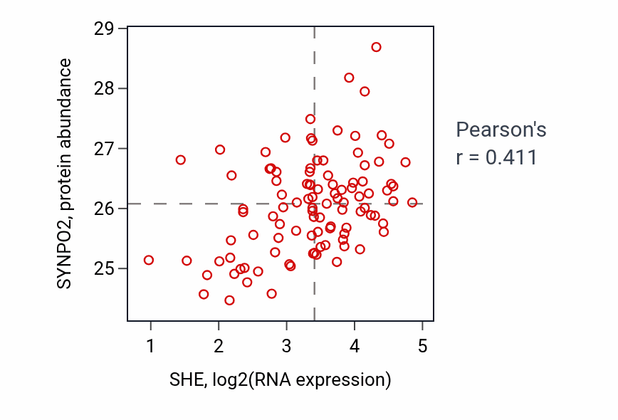 Per-sample scatter of SHE vs SYNPO2 in CCRCC (Pearson r = 0.41).