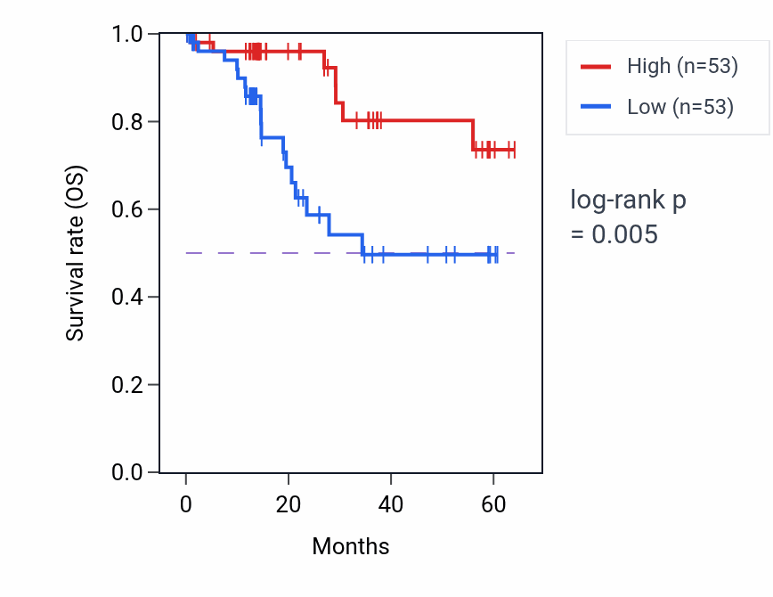 Kaplan&ndash;Meier survival curve for SHE mass-spec protein-high vs -low samples in LUAD.