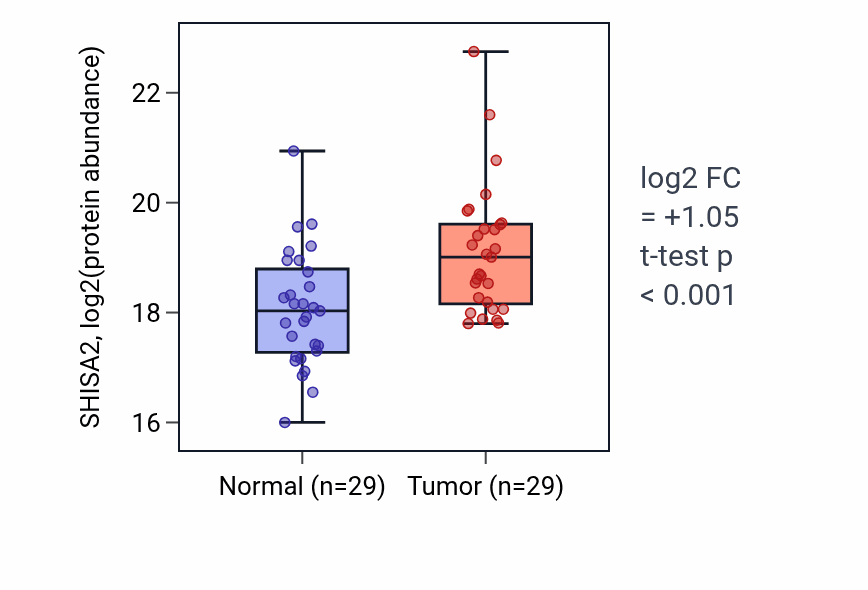 Tumor-vs-normal mass-spec protein box plot for SHISA2 in HNSC.