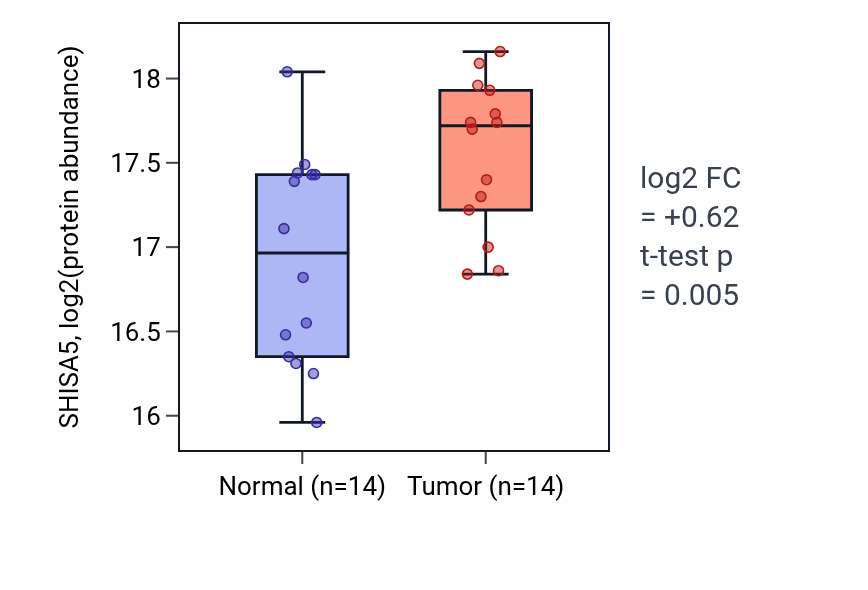 Tumor-vs-normal mass-spec protein box plot for SHISA5 in PDAC.