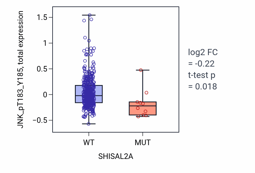 Box plot of JNK_pT183_Y185 in SHISAL2A-low vs SHISAL2A-high samples in UCEC.