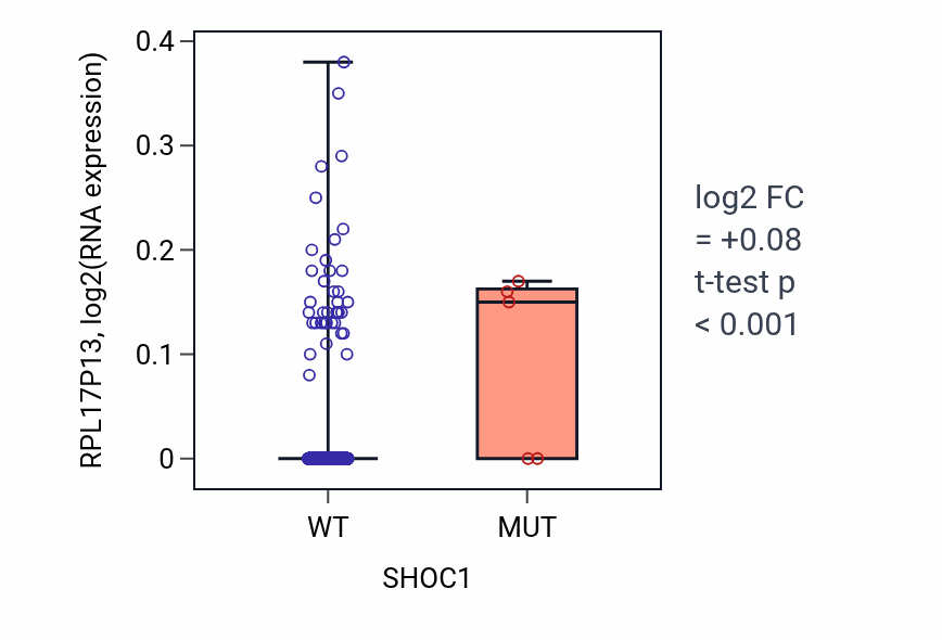 Box plot of RPL17P13 in SHOC1-low vs SHOC1-high samples in HNSC.