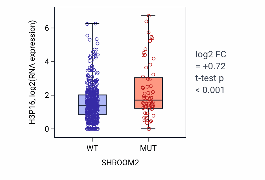 Box plot of H3P16 in SHROOM2-low vs SHROOM2-high samples in UCEC.