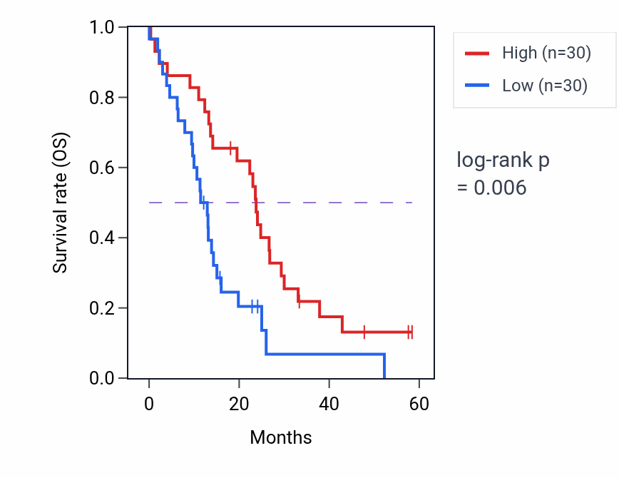 Kaplan&ndash;Meier survival curve for SI mass-spec protein-high vs -low samples in PDAC.