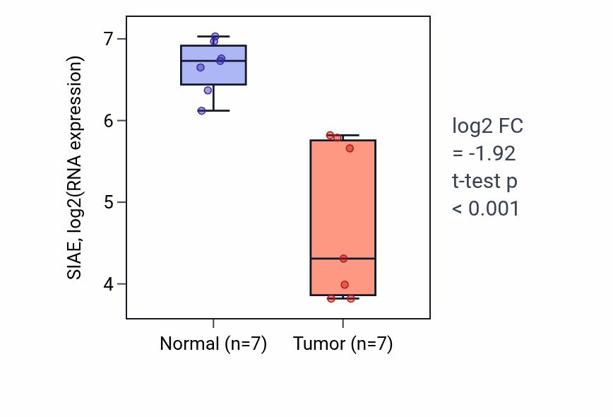 Tumor-vs-normal expression box plot for SIAE RNA in COAD.