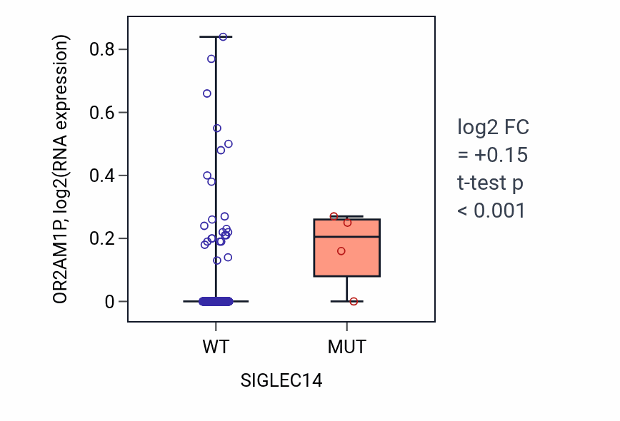 Box plot of OR2AM1P in SIGLEC14-low vs SIGLEC14-high samples in COAD.