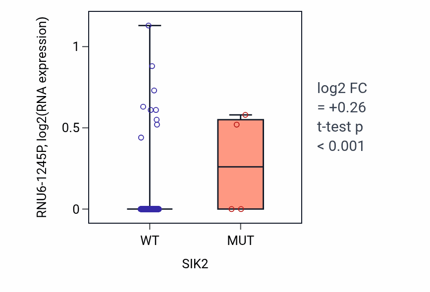 Box plot of RNU6-1245P in SIK2-low vs SIK2-high samples in LIHC.
