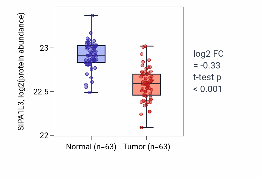 Tumor-vs-normal mass-spec protein box plot for SIPA1L3 in CCRCC.