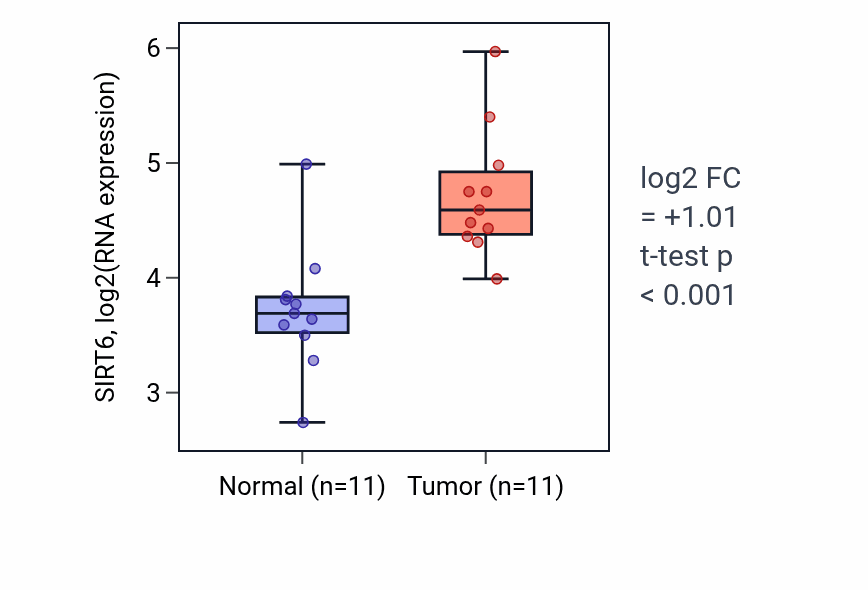 Tumor-vs-normal expression box plot for SIRT6 RNA in HNSC.