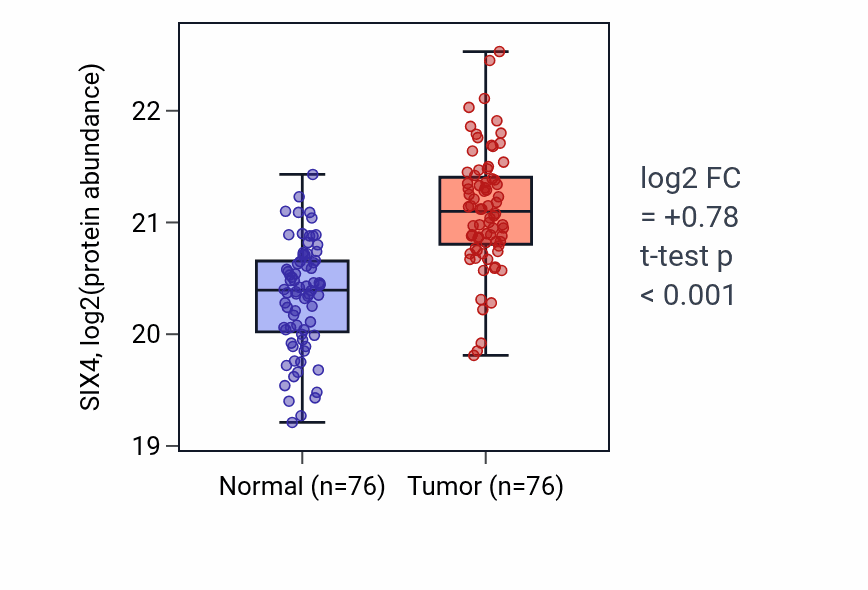 Tumor-vs-normal mass-spec protein box plot for SIX4 in LSCC.