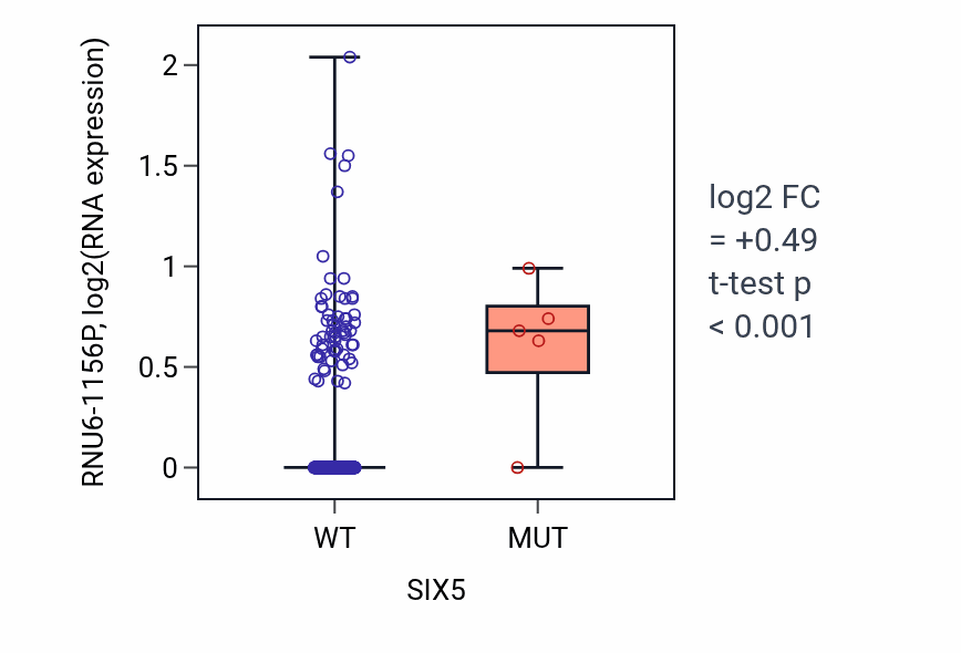 Box plot of RNU6-1156P in SIX5-low vs SIX5-high samples in BLCA.