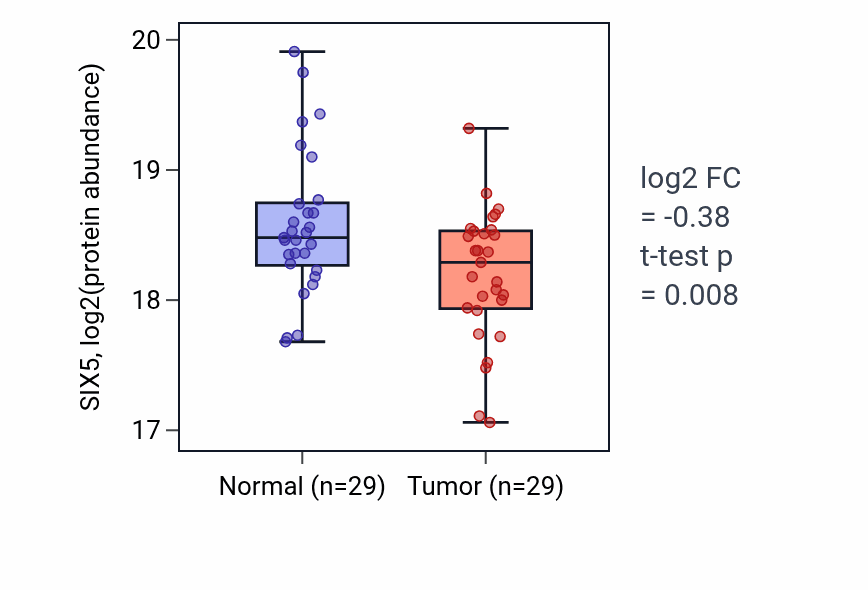 Tumor-vs-normal mass-spec protein box plot for SIX5 in HNSC.