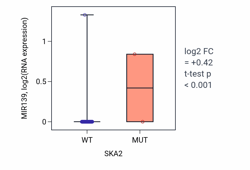 Box plot of MIR139 in SKA2-low vs SKA2-high samples in LUAD.