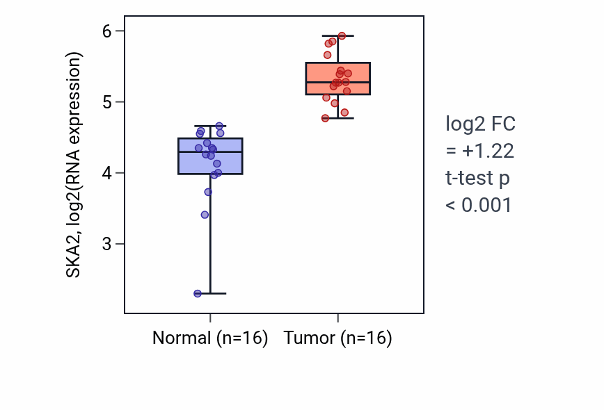 Tumor-vs-normal expression box plot for SKA2 RNA in HNSC.
