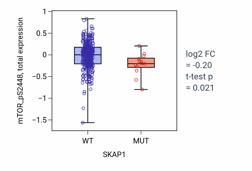 Box plot of mTOR_pS2448 in SKAP1-low vs SKAP1-high samples in SKCM.
