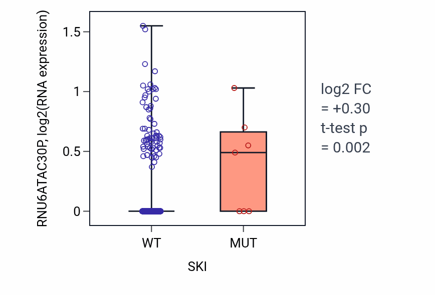 Box plot of RNU6ATAC30P in SKI-low vs SKI-high samples in HNSC.