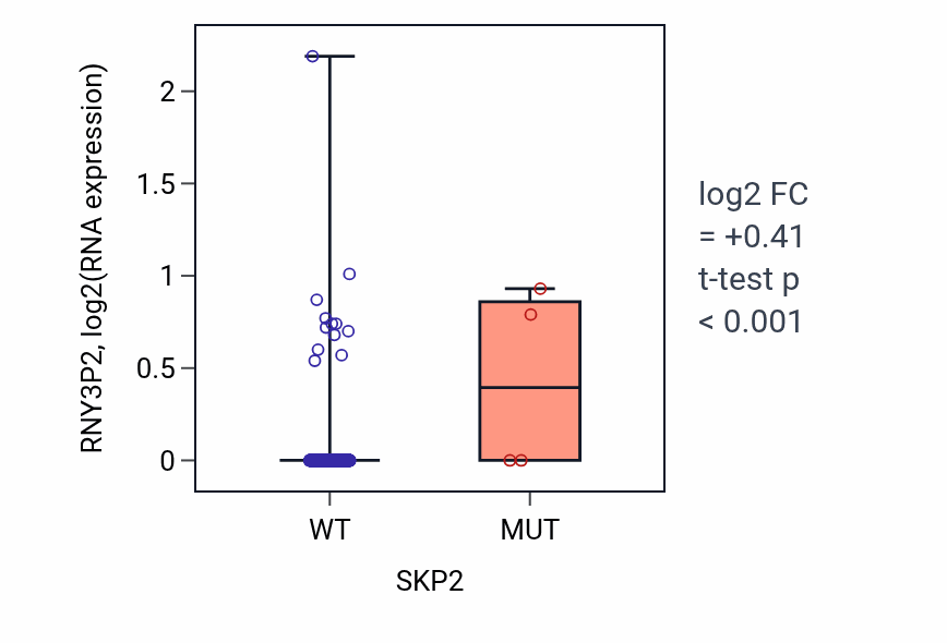Box plot of RNY3P2 in SKP2-low vs SKP2-high samples in LUSC.