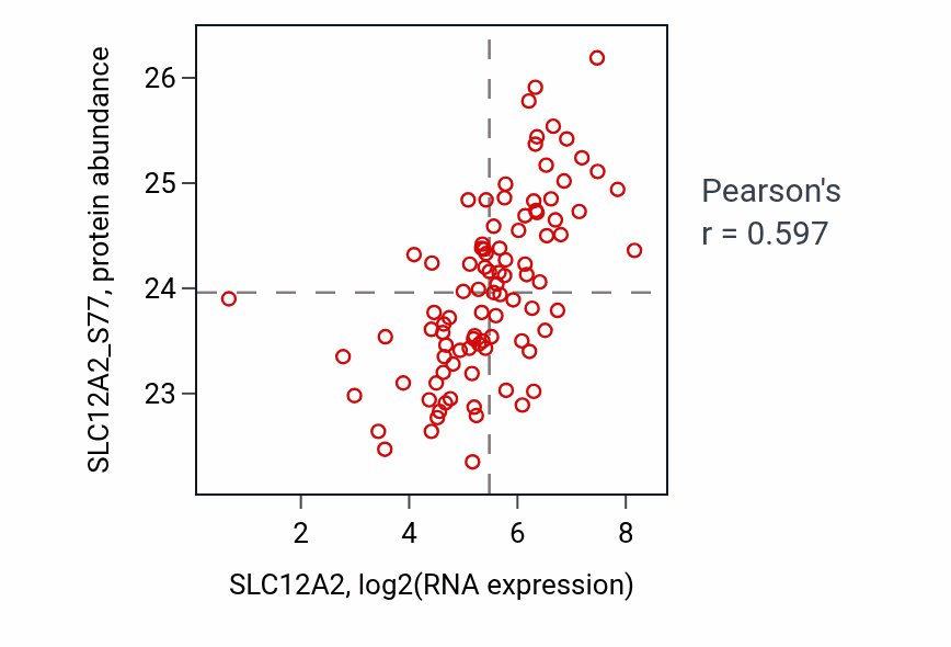 Per-sample scatter of SLC12A2 vs SLC12A2_S77 in UCEC (Pearson r = 0.60).