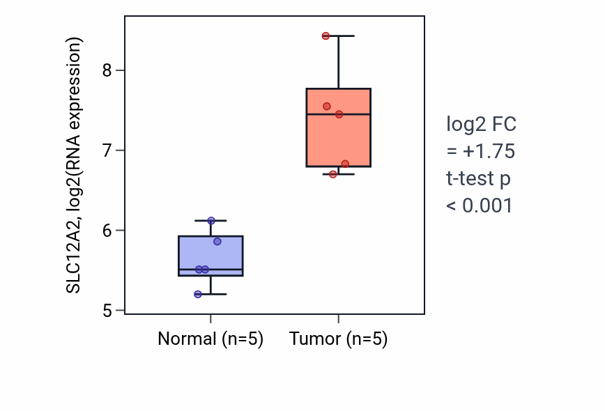 Tumor-vs-normal expression box plot for SLC12A2 RNA in COAD.
