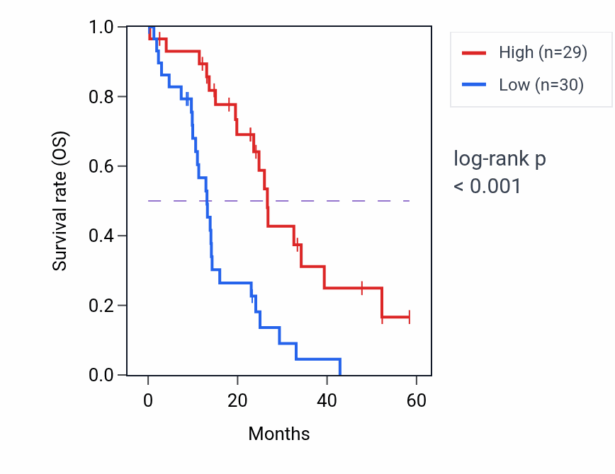Kaplan&ndash;Meier survival curve for SLC12A2 mass-spec protein-high vs -low samples in PDAC.