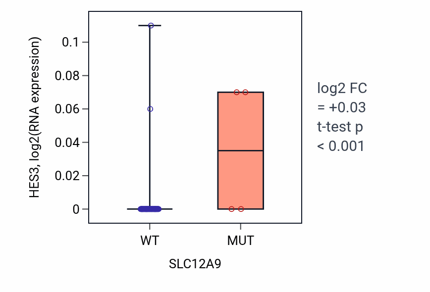 Box plot of HES3 in SLC12A9-low vs SLC12A9-high samples in CNS.