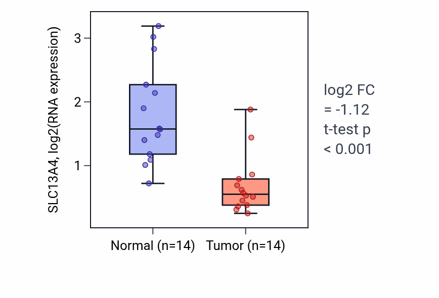 Tumor-vs-normal expression box plot for SLC13A4 RNA in HNSC.