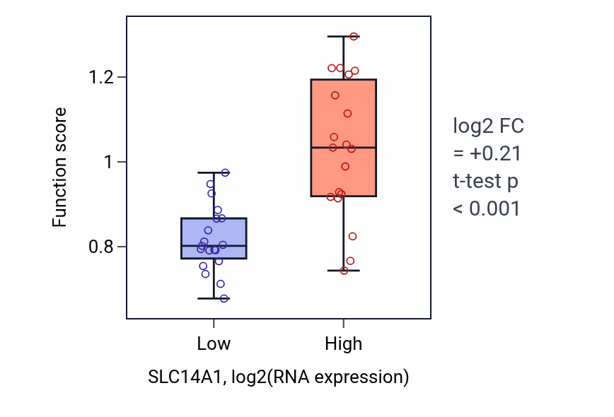 Box plot of Regulation of angiotensin-activated signaling pathway in SLC14A1-low vs SLC14A1-high samples in BONE.