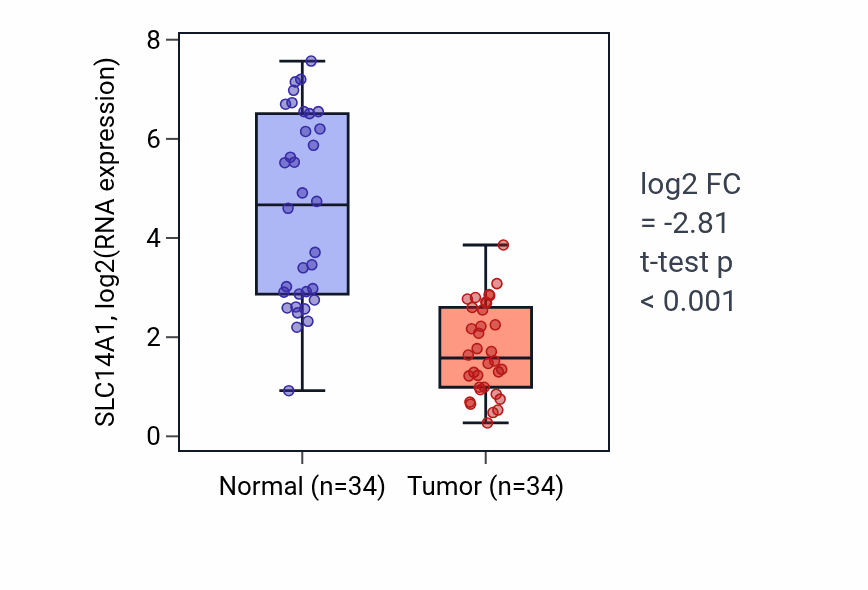 Tumor-vs-normal expression box plot for SLC14A1 RNA in KIRC.