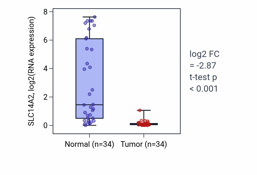 Tumor-vs-normal expression box plot for SLC14A2 RNA in KIRC.