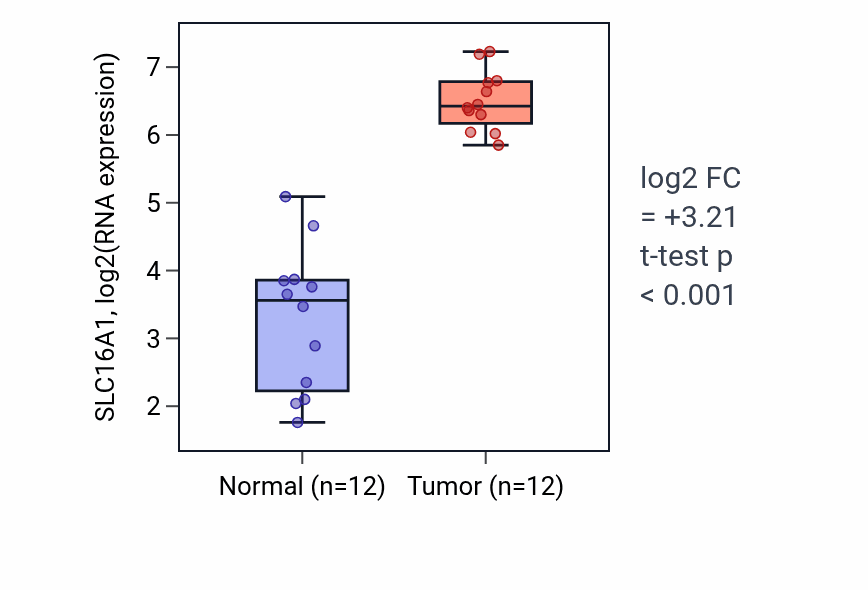 Tumor-vs-normal expression box plot for SLC16A1 RNA in KIRC.