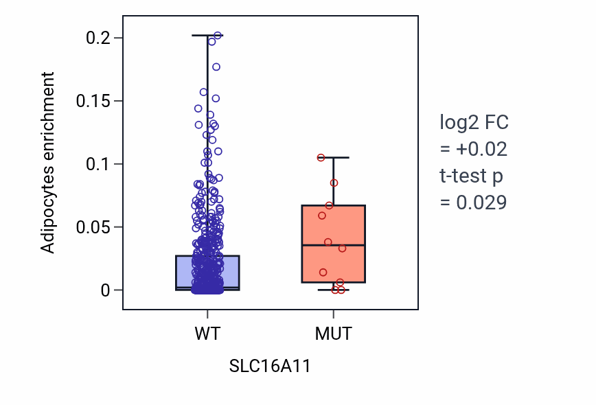 Box plot of Adipocytes in SLC16A11-low vs SLC16A11-high samples in UCEC.