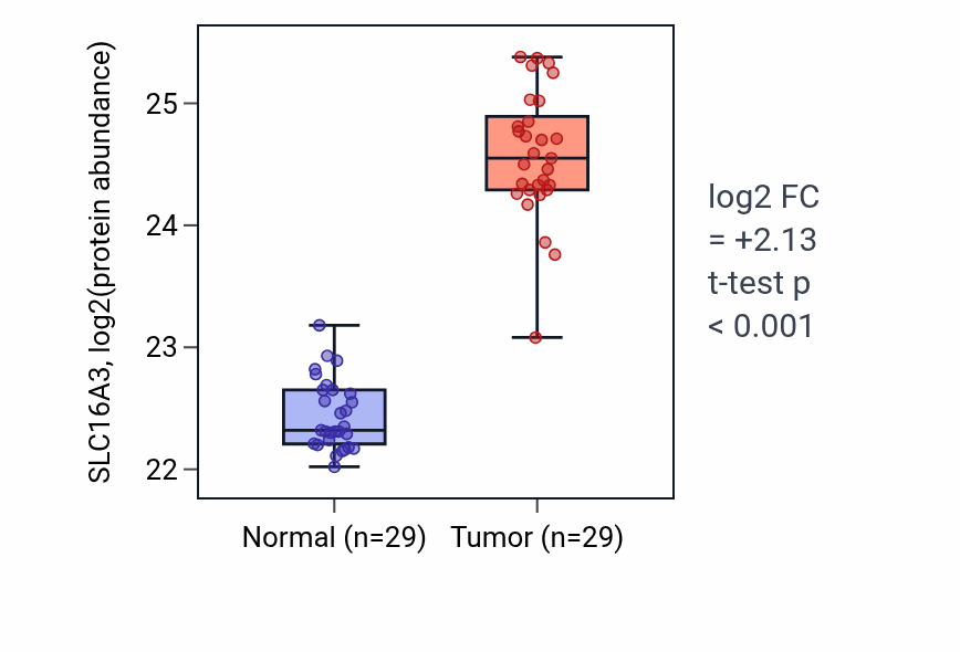 Tumor-vs-normal mass-spec protein box plot for SLC16A3 in CCRCC.