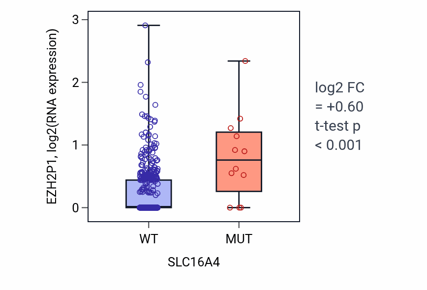 Box plot of EZH2P1 in SLC16A4-low vs SLC16A4-high samples in UCEC.