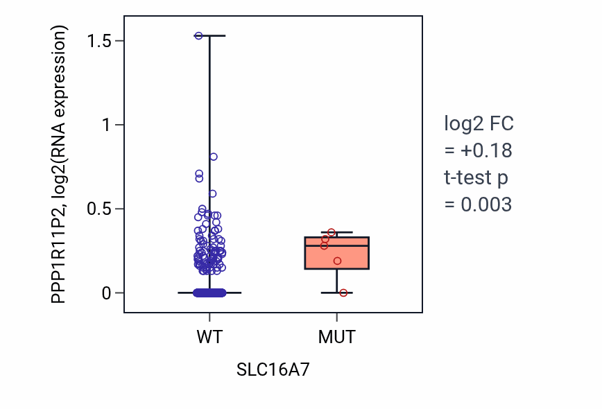 Box plot of PPP1R11P2 in SLC16A7-low vs SLC16A7-high samples in LUSC.