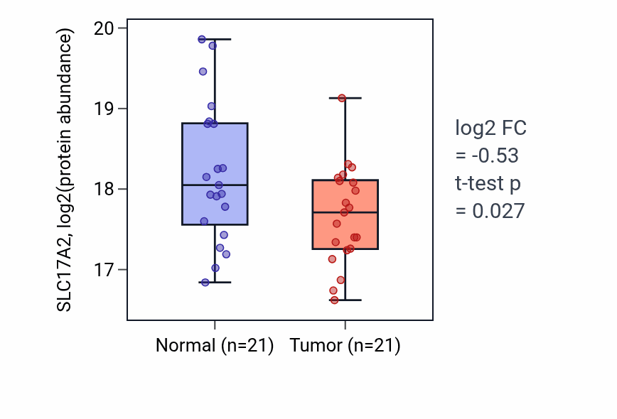 Tumor-vs-normal mass-spec protein box plot for SLC17A2 in HNSC.