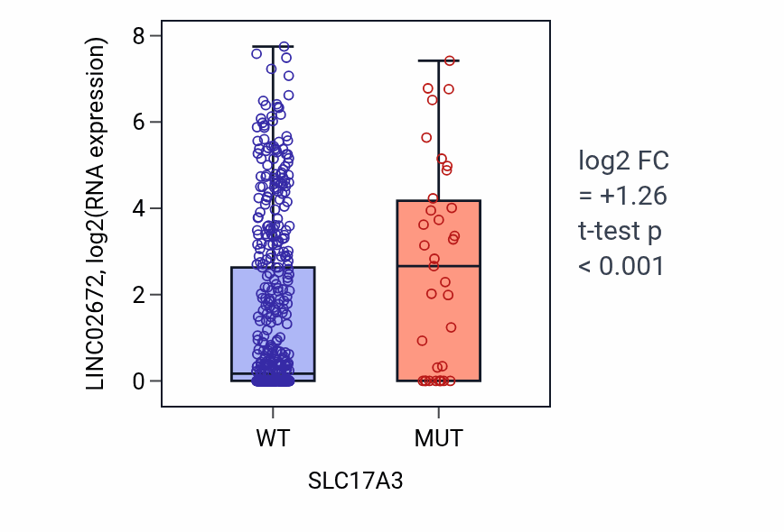 Box plot of LINC02672 in SLC17A3-low vs SLC17A3-high samples in UCEC.