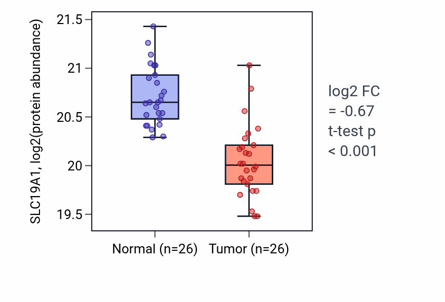 Tumor-vs-normal mass-spec protein box plot for SLC19A1 in LUAD.