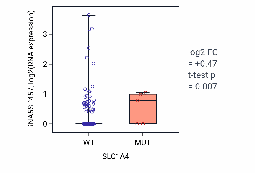 Box plot of RNA5SP457 in SLC1A4-low vs SLC1A4-high samples in COAD.