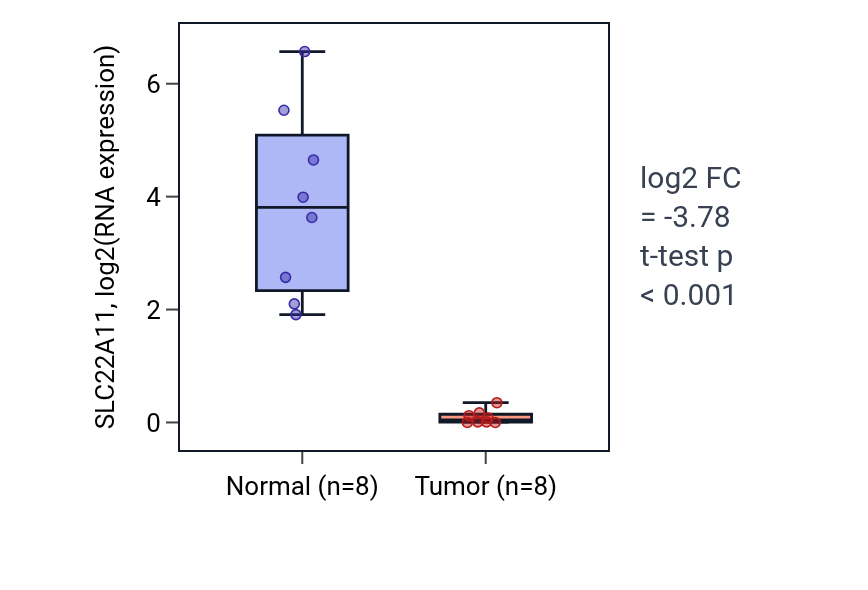 Tumor-vs-normal expression box plot for SLC22A11 in KICH.