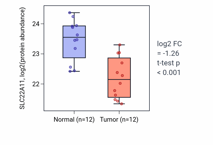 Tumor-vs-normal mass-spec protein box plot for SLC22A11 in CCRCC.
