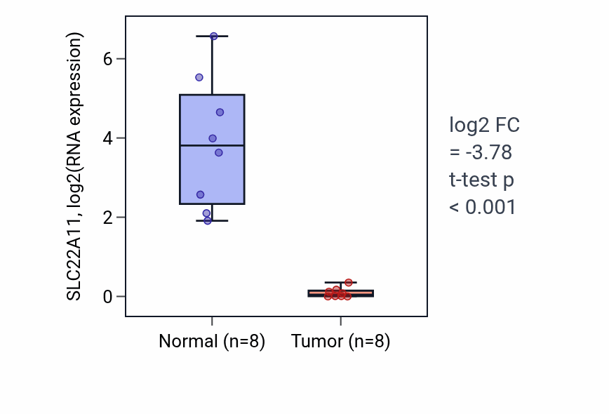 Tumor-vs-normal expression box plot for SLC22A11 RNA in KICH.
