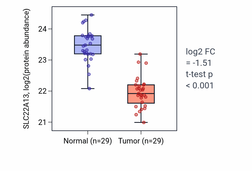 Tumor-vs-normal mass-spec protein box plot for SLC22A13 in CCRCC.